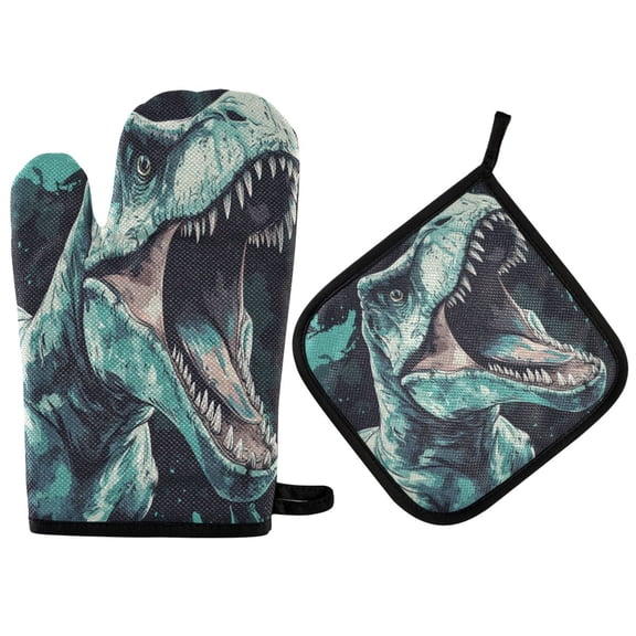 Wobogo Tyrannosaurus Rex Oven Mitts and Pot Holders 2pcs Set Kitchen Oven Glove High Heat Resistant 200 Degree Surface for Cooking
