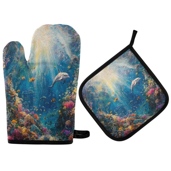 Wobogo Underwater World Oven Mitts and Pot Holders 2pcs Set Kitchen Oven Glove High Heat Resistant 200 Degree Surface for Cooking