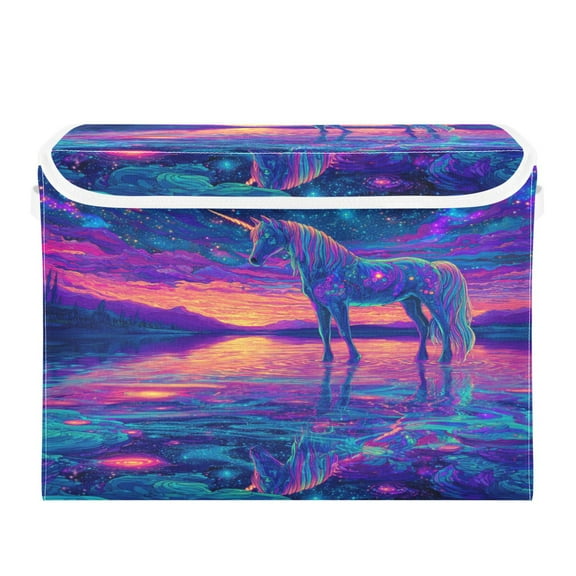 Wobogo Unicorn Horse Large Collapsible Storage Box Flip Lid Fabric Decorative Organizer Container Basket with Handles 16.512.611.8in