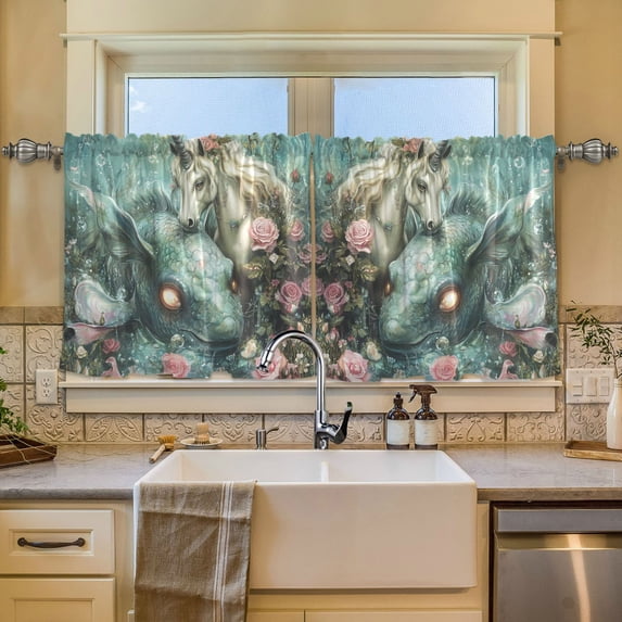 Wobogo Unicorns and Sea Fish Kitchen Curtains 2 Piece Set Symmetrical Design Light Filtering Small Window Drapes Suitable for Bathroom Laundry Room and RV 57x24in