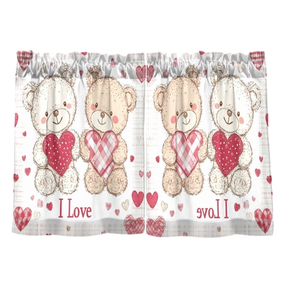 Wobogo Valentine Teddy Bear Kitchen Curtains 2 Piece Set Farmhouse Country Style Light Filtering Small Window Drapes Suitable for Bathroom Laundry Room and RV 27x36in