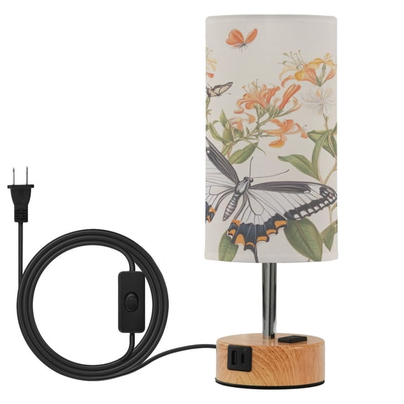 Wobogo Various Butterflies Bedside Lamp Touch Control Table Lamp with USB A+C Charging Ports & AC Outlet 3-Way Dimmable Nightstand Lamp with Linen Fabric Shade for Bedroom Living Room