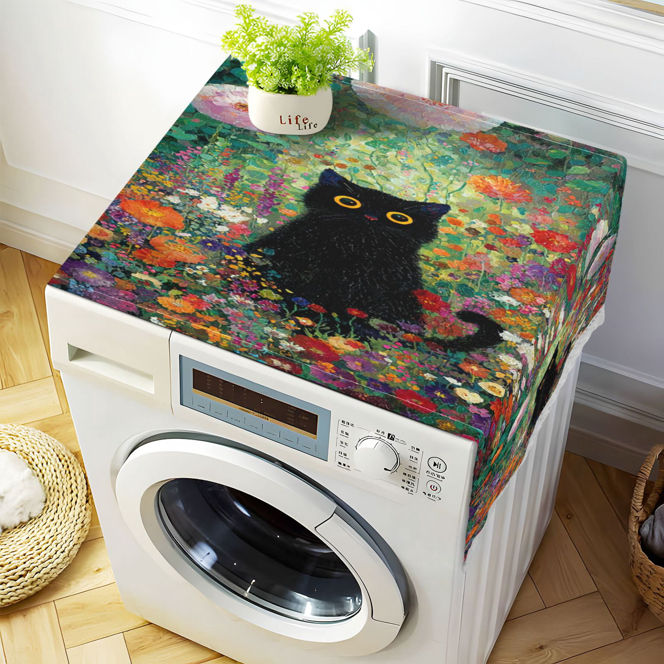 Wobogo Vibrant Floral Black Cat Washing Machine Cover Dustproof Washer Dryer Cover Waterproof Laundry Room Decorative Protector