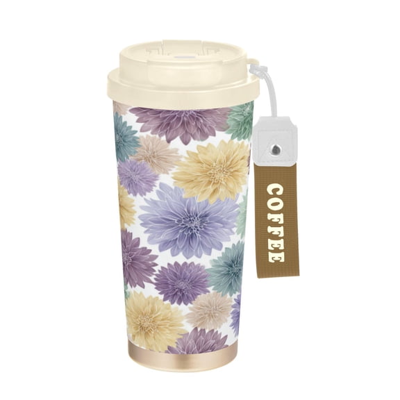 Wobogo Vibrant Floral Double Drinking Coffee Cup Insulated Mug with Food-grade 316 Stainless Steel Beige Lid