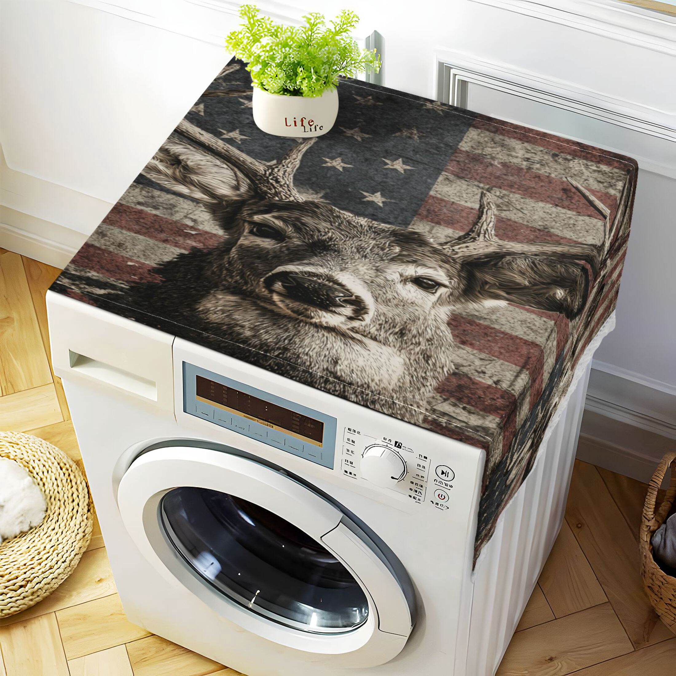 Wobogo Vintage American Deer Washing Machine Cover Dustproof Washer Dryer Cover Waterproof Laundry Room Decorative Protector