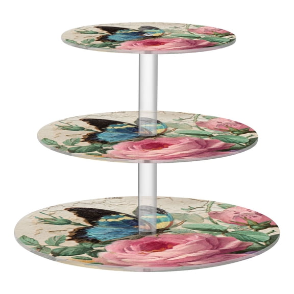 Wobogo Vintage Butterfly 3 Tier Acrylic Cake Stand with Clear Round Hold for Wedding Holiday Birthday Baby Shower Tea Party