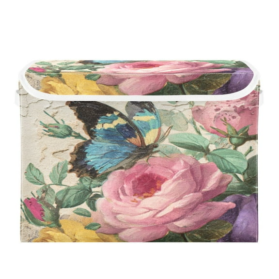 Wobogo Vintage Butterfly Large Collapsible Storage Box Flip Lid Fabric Decorative Organizer Container Basket with Handles 16.512.611.8in