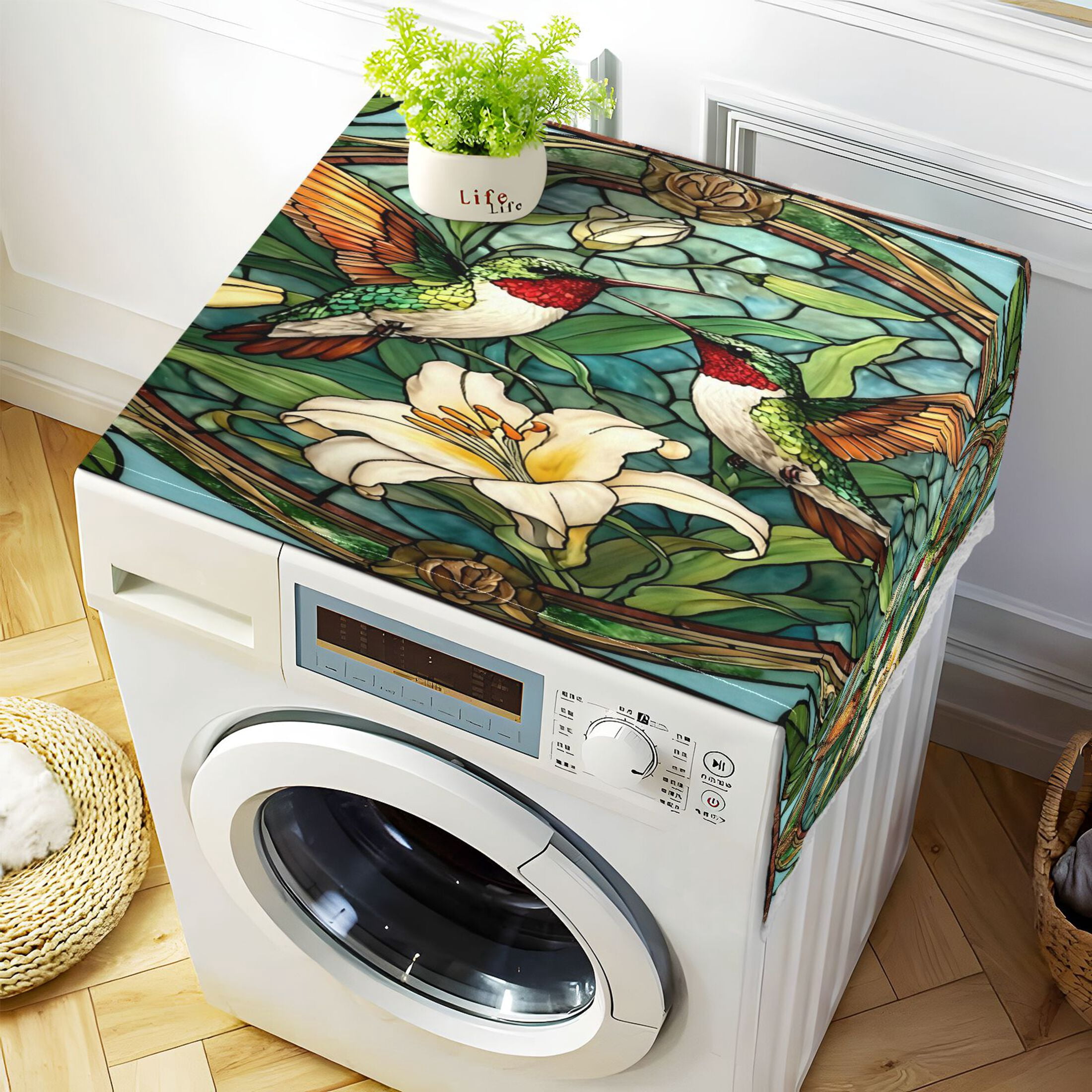 Wobogo Vintage Glass Bird Washing Machine Cover Dustproof Washer Dryer Cover Waterproof Laundry Room Decorative Protector