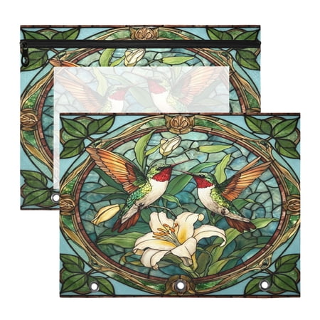 Wobogo Vintage Glass Bird Zipper Document Bag Set 2 Pack Waterproof File Folder Pouch for School & Office, 12.2×9.45in