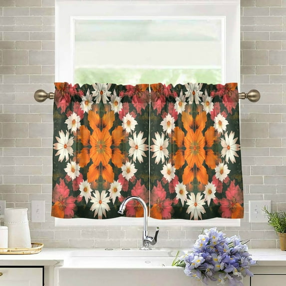 Wobogo Vintage Orange and White Flower Kitchen Curtains 2 Piece Set Farmhouse Country Style Light Filtering Small Window Drapes Suitable for Bathroom Laundry Room and RV 27x24in