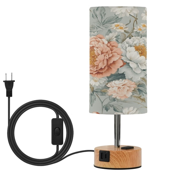 Wobogo Vintage Peony Floral Bedside Lamp Touch Control Table Lamp with USB A+C Charging Ports & AC Outlet 3-Way Dimmable Nightstand Lamp with Linen Fabric Shade for Bedroom Living Room