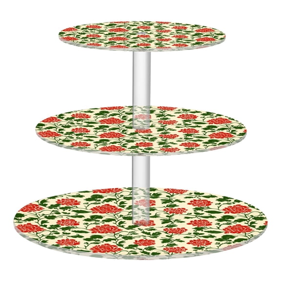 Wobogo Vintage Red Floral Pattern 3 Tier Acrylic Cake Stand with Clear Round Hold for Wedding Holiday Birthday Baby Shower Tea Party