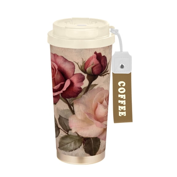 Wobogo Vintage Rose Double Drinking Coffee Cup Insulated Mug with Food-grade 316 Stainless Steel Beige Lid