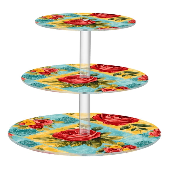 Wobogo Vintage Rose Quilt Chart 3 Tier Acrylic Cake Stand with Clear Round Hold for Wedding Holiday Birthday Baby Shower Tea Party