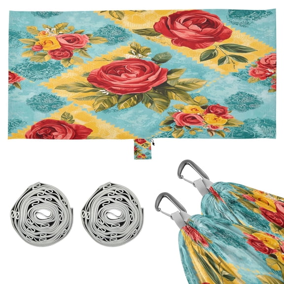 Wobogo Vintage Rose Quilt Chart Camping Hammocks 330 lb Capacity with Tree Straps and Hanging Pockets for Outside Hiking Beach Backpack Travel