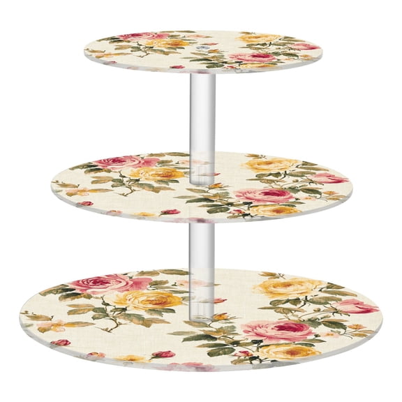 Wobogo Vintage Shabby Chic Floral Pattern with Roses 3 Tier Acrylic Cake Stand with Clear Round Hold for Wedding Holiday Birthday Baby Shower Tea Party
