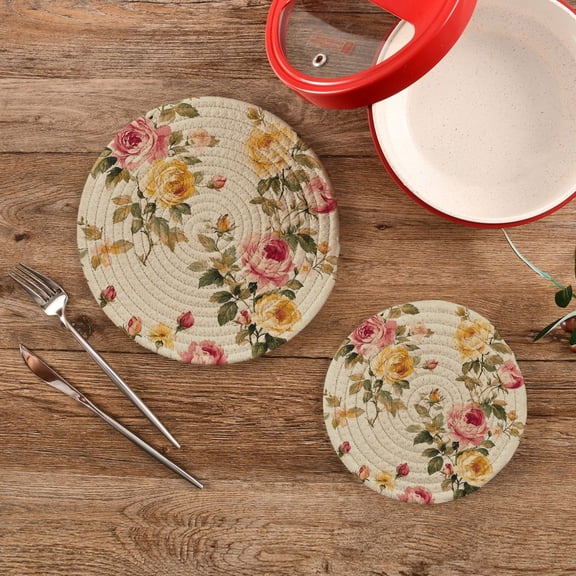 Wobogo Vintage Shabby Chic Floral Pattern with Roses Trivets Potholders Set of 2 Cotton Woven Round Hot Plate Mats for Hot Dishes Bowls Teapots