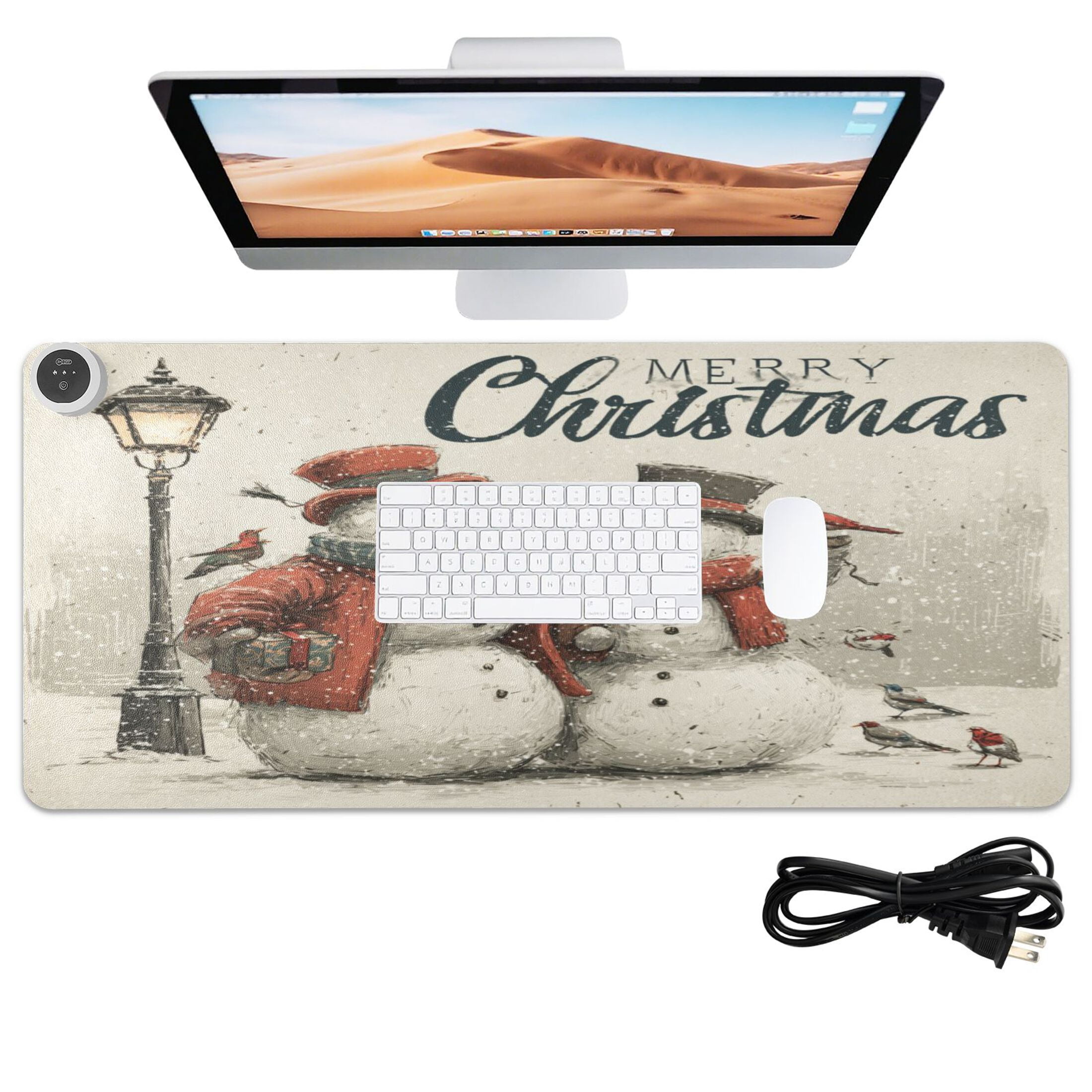 Wobogo Vintage Snowmen Heated Mouse Pad Extra-Large Desk Mat With 3 Heating Levels and 3-hour Auto Shut-Off Protection Ideal for Computer Keyboards Home Office Hand-warming Essential 31.5in × 13in