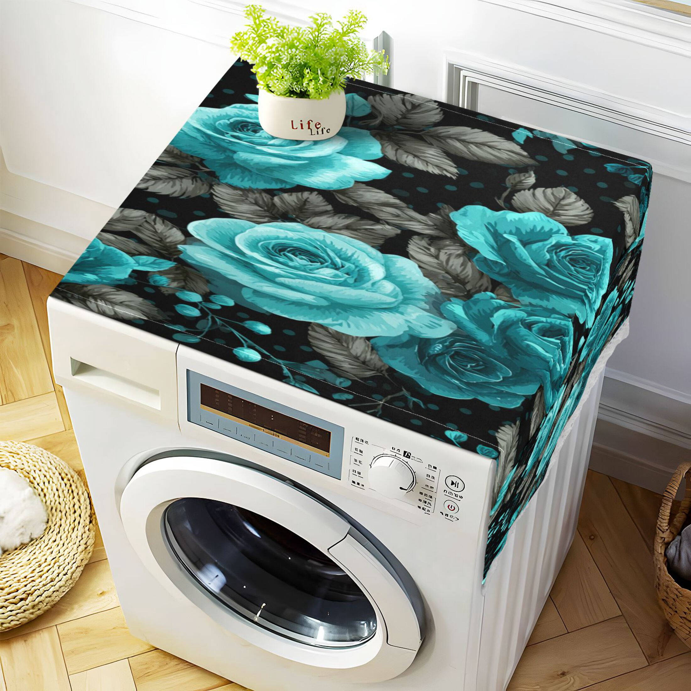 Wobogo Vintage Teal Rose Washing Machine Cover Dustproof Washer Dryer Cover Waterproof Laundry Room Decorative Protector