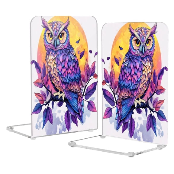 Wobogo Vivid Purple Owl Acrylic Bookends Clear L-Shaped Book Holder with Non-Slip Pads for Books Files Magazines CD DVD 5.44.18.1in