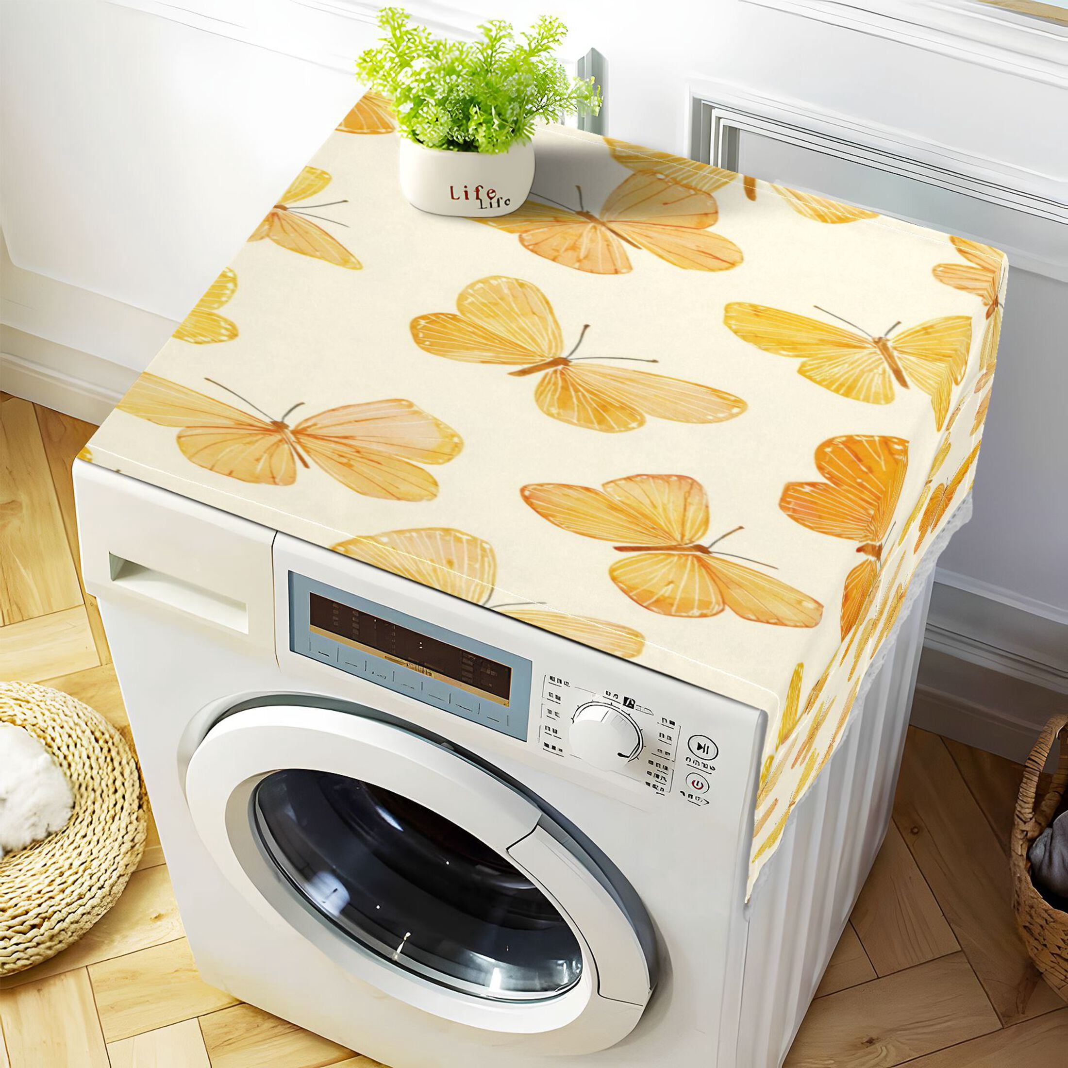 Wobogo Warm Yellow Butterfly Washing Machine Cover Dustproof Washer Dryer Cover Waterproof Laundry Room Decorative Protector