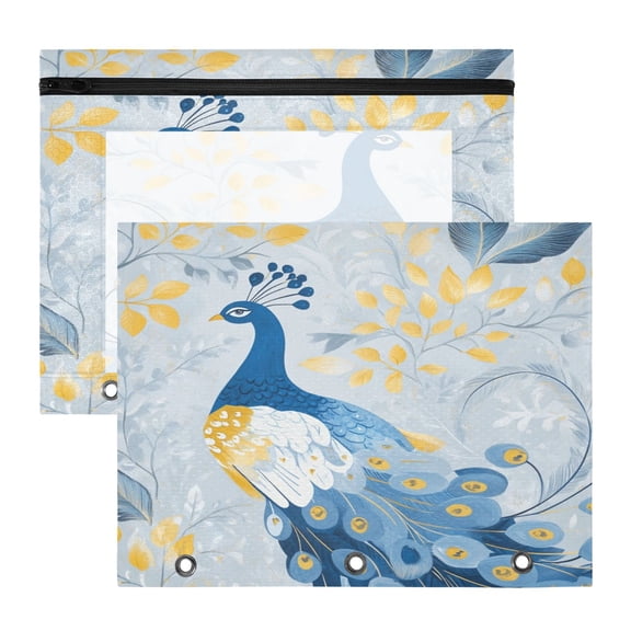 Wobogo Watercolor Blue Peacock A4 Size Clear Polyester File Pocket Set of 2 Zipper Home Work Office Organizer