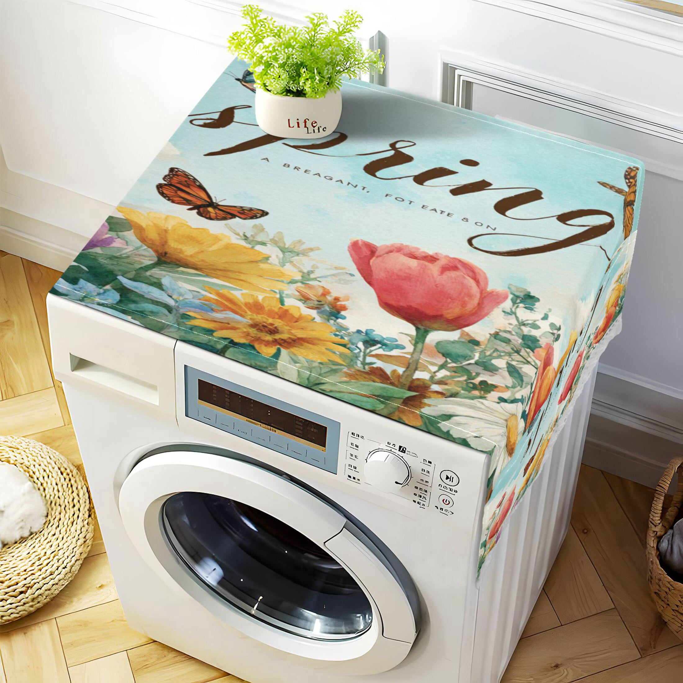 Wobogo Watercolor Spring Garden Washing Machine Cover Dustproof Washer Dryer Cover Waterproof Laundry Room Decorative Protector
