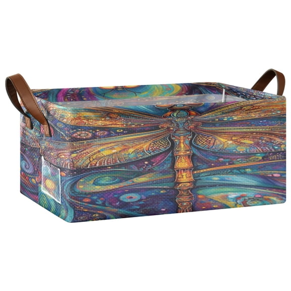 Wobogo Weird Style Dragonfly Storage Basket Soccer Plaid Fabric Oversized Collapsible Hoard Box with Metal Iron Frame 16.9×11.4×7.7in