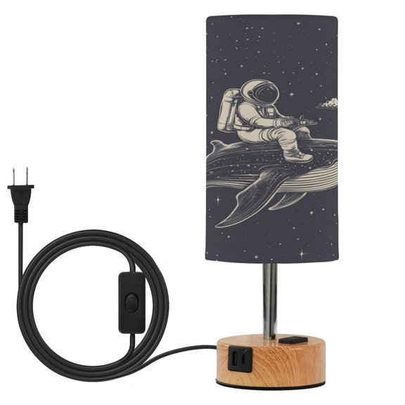 Wobogo Whale Riding Astronaut Pattern Bedside Lamp Touch Control Table Lamp with USB A+C Charging Ports & AC Outlet 3-Way Dimmable Nightstand Lamp with Linen Fabric Shade for Bedroom Living Room