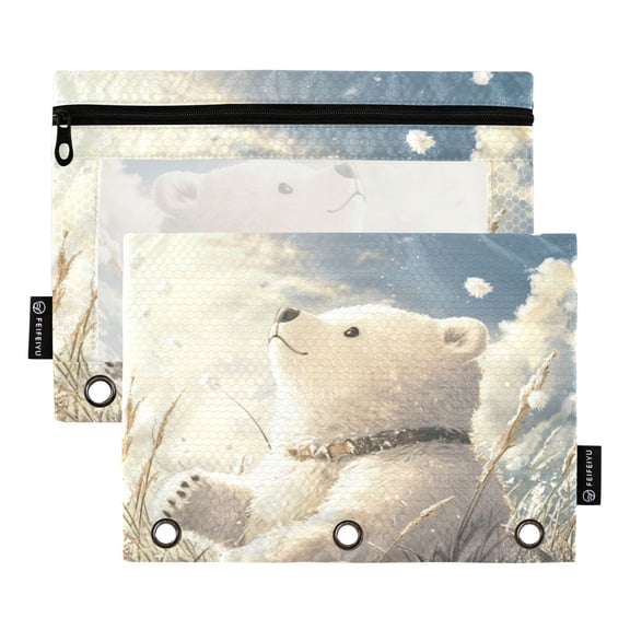 Wobogo White Bear Enjoying The Sunshine Pencil Pouch with 3 Ring Binder Holes Set of 2 for Learning Tools
