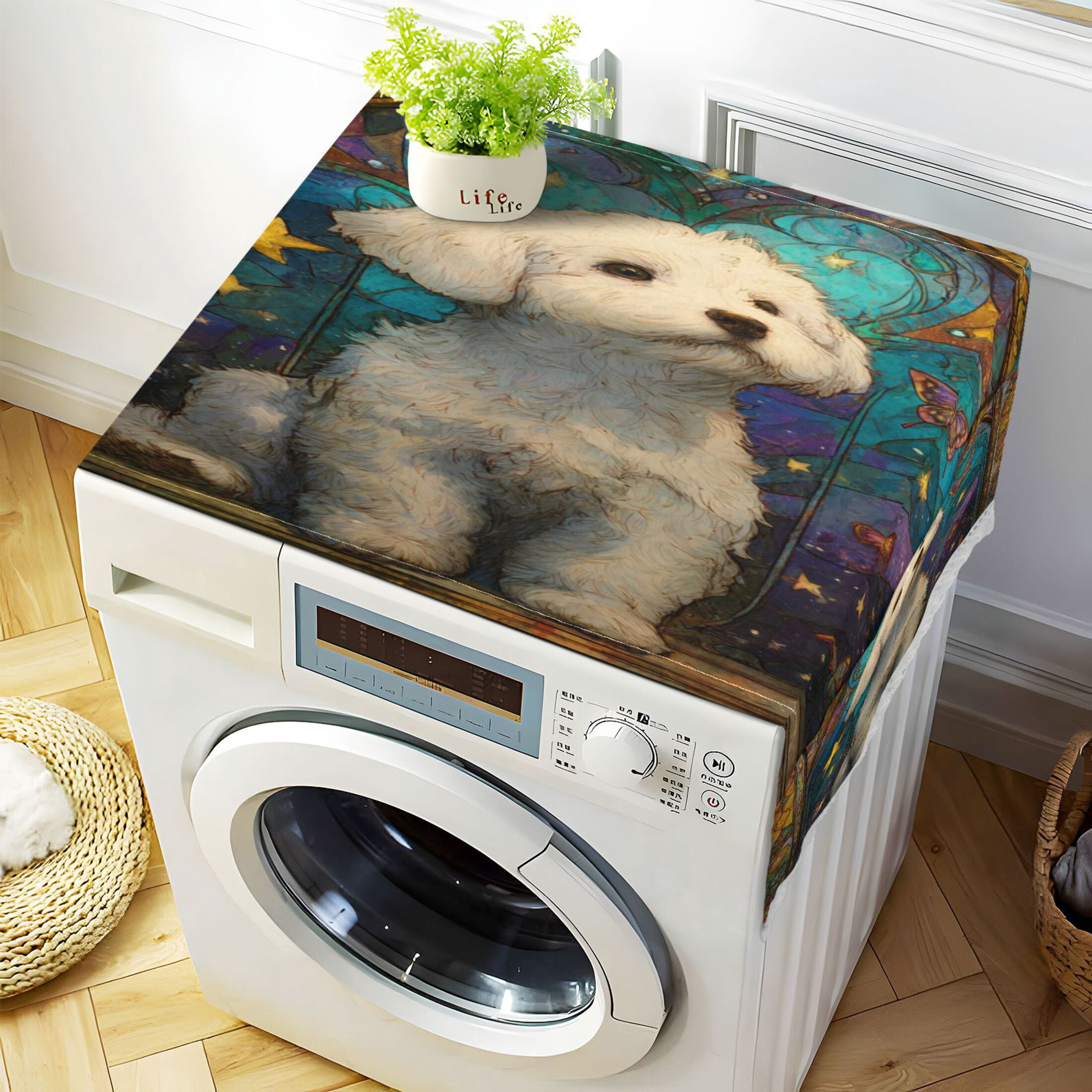Wobogo White Bichon Frize Puppy Washing Machine Cover Dustproof Washer Dryer Cover Waterproof Laundry Room Decorative Protector