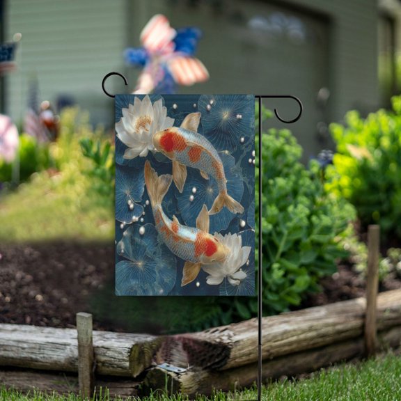 Wobogo White Brocade Carp Garden Flag 12×18 In with Fade-Resistant Printing for Yard Patio Porch & Flower Pots