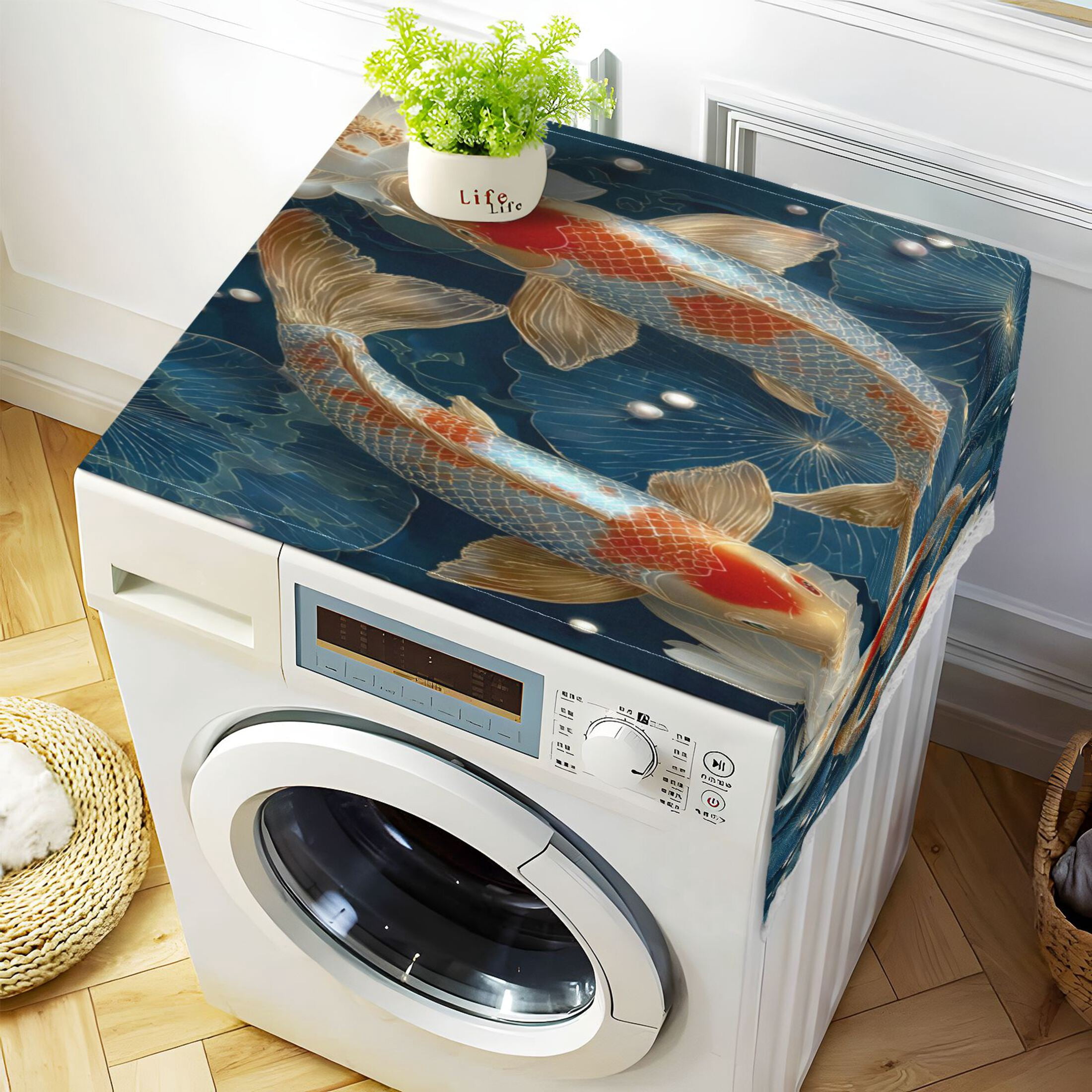 Wobogo White Brocade Carp Washing Machine Cover Dustproof Washer Dryer Cover Waterproof Laundry Room Decorative Protector