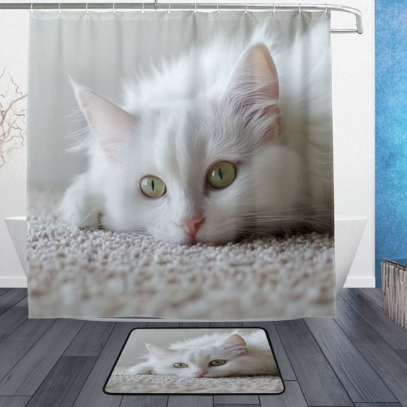 Wobogo White Cat Bathroom Shower Curtain Set with Floor Mat and Hooks Ultra Waterproof Visible Slider Beads