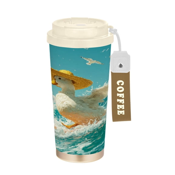 Wobogo White Duck Double Drinking Coffee Cup Insulated Mug with Food-grade 316 Stainless Steel Beige Lid