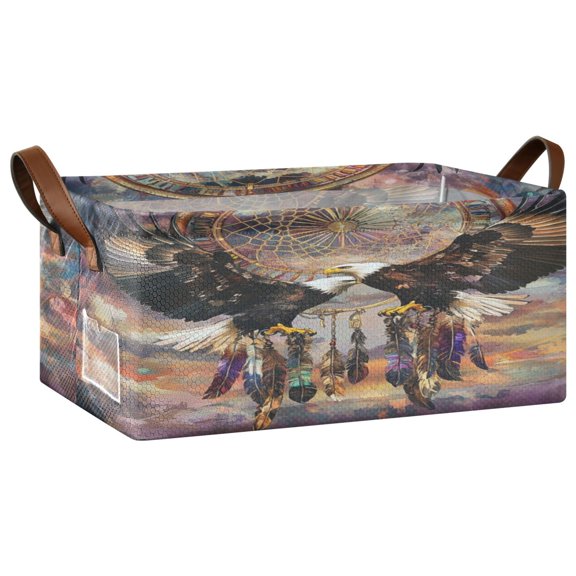 Wobogo White Eagles Soaring Storage Basket Soccer Plaid Fabric Oversized Collapsible Hoard Box with Metal Iron Frame 16.9×11.4×7.7in
