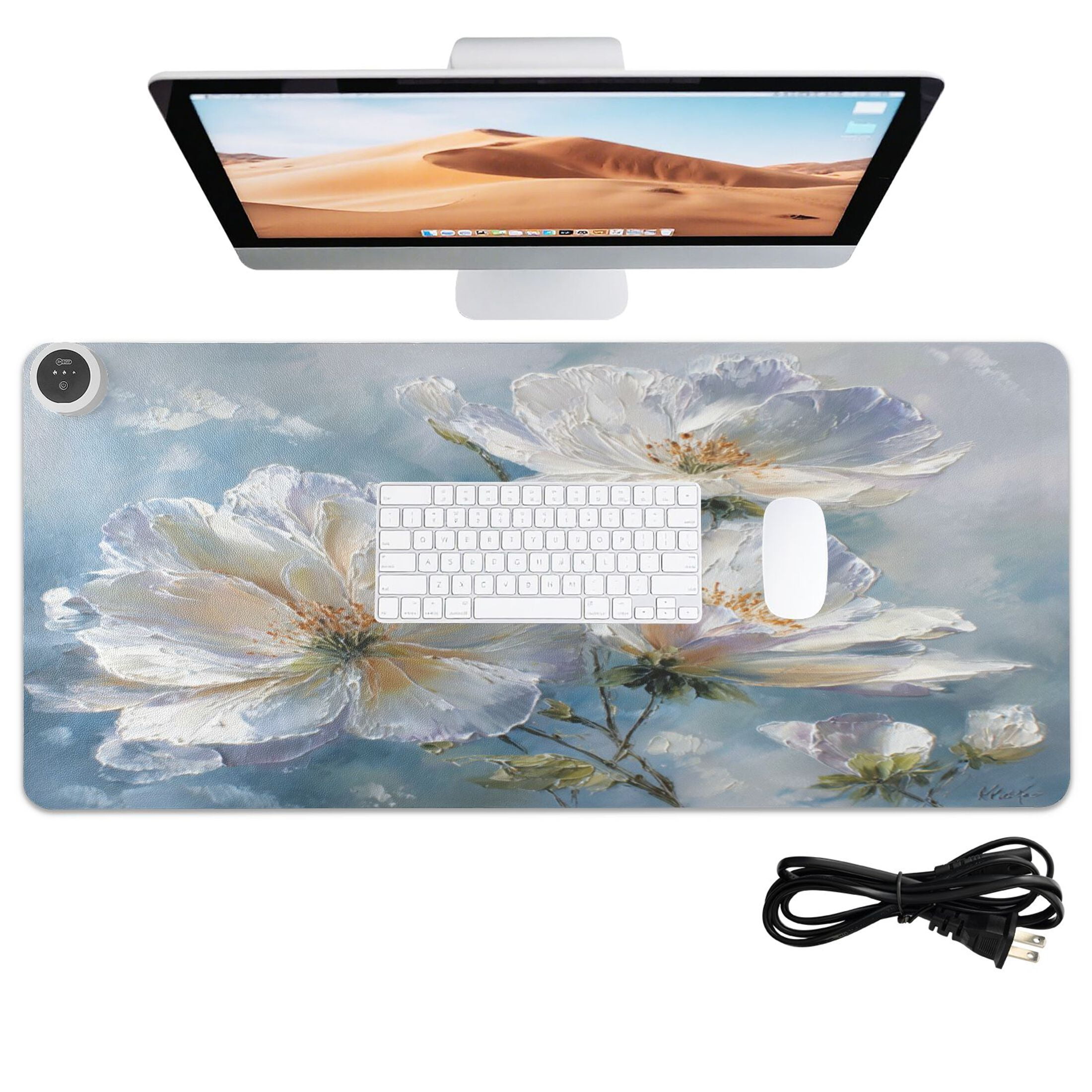 Wobogo White Flowers Heated Mouse Pad Extra-Large Desk Mat With 3 Heating Levels and 3-hour Auto Shut-Off Protection Ideal for Computer Keyboards Home Office Hand-warming Essential 31.5in × 13in
