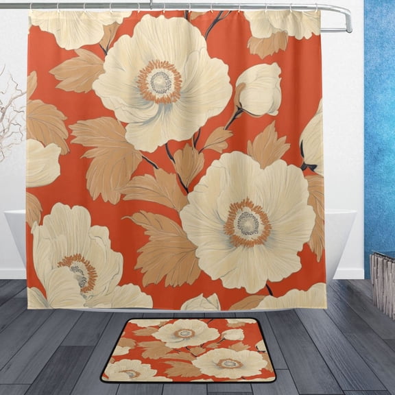 Wobogo White Flowers Orange Pattern Bathroom Shower Curtain Set with Floor Mat and Hooks Ultra Waterproof Visible Slider Beads