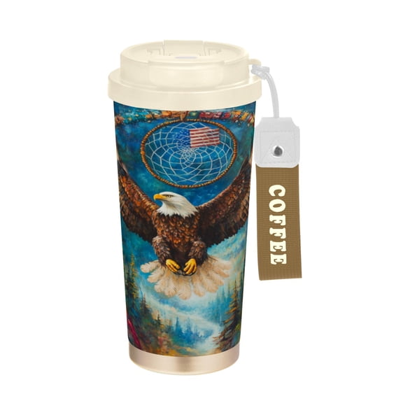 Wobogo White Headed Sea Eagle Double Drinking Coffee Cup Insulated Mug with Food-grade 316 Stainless Steel Beige Lid