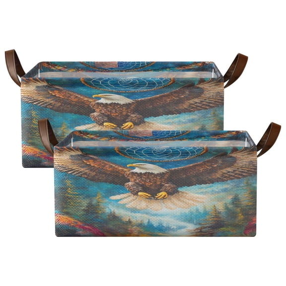 Wobogo White Headed Sea Eagle Storage Basket Soccer Plaid Fabric Oversized Collapsible Hoard Box with Metal Iron Frame Two Piece Set 16.9×11.4×7.7in