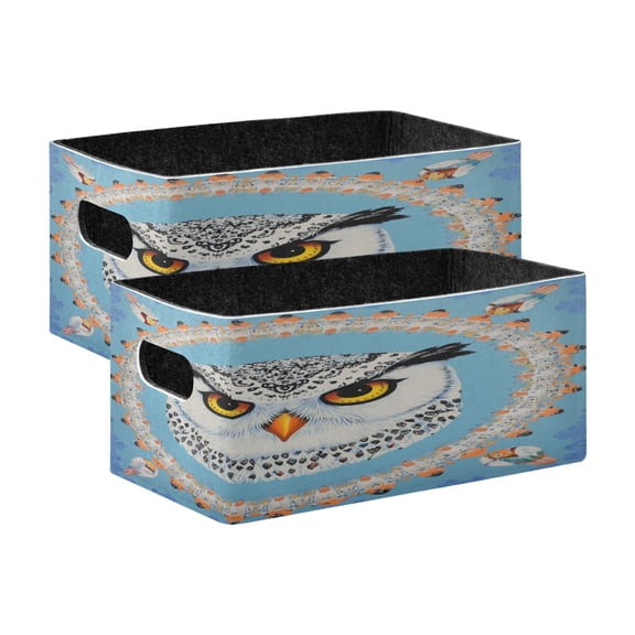 Wobogo White Owl Pattern Decorative Folding Storage Basket Set of 2 for Desktop Bedroom Living Room Dressing Table