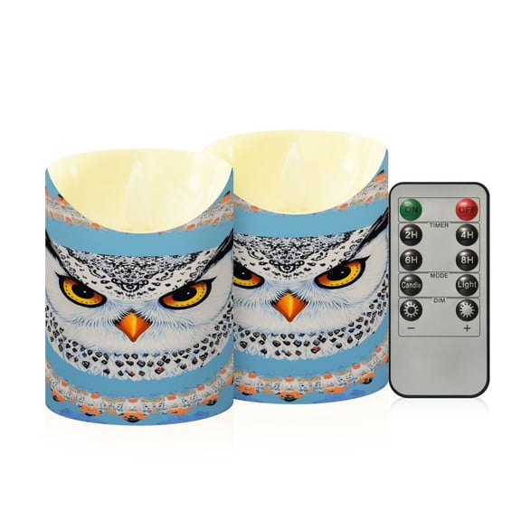 Wobogo White Owl Pattern Flameless Candles with Remote Battery Operated Flickering LED Candles with Timer 2/4/6/8H Small Size