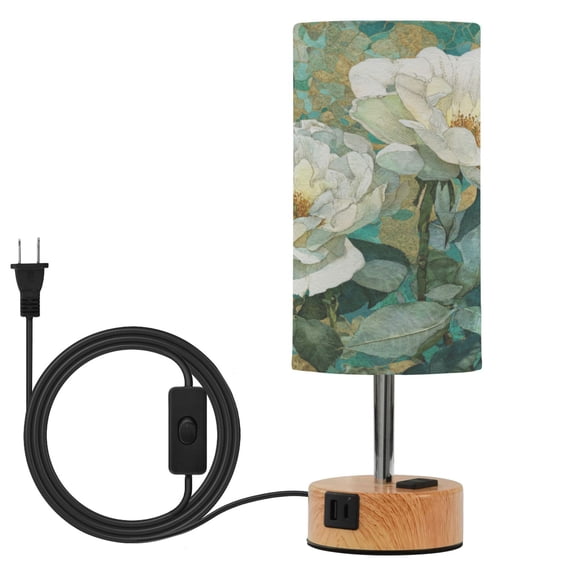 Wobogo White Peonies Bedside Lamp Touch Control Table Lamp with USB A+C Charging Ports & AC Outlet 3-Way Dimmable Nightstand Lamp with Linen Fabric Shade for Bedroom Living Room