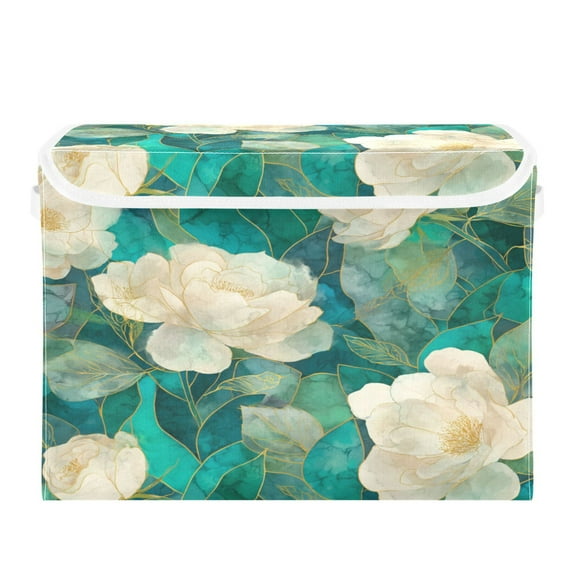 Wobogo White Peony Large Collapsible Storage Box Flip Lid Fabric Decorative Organizer Container Basket with Handles 16.512.611.8in