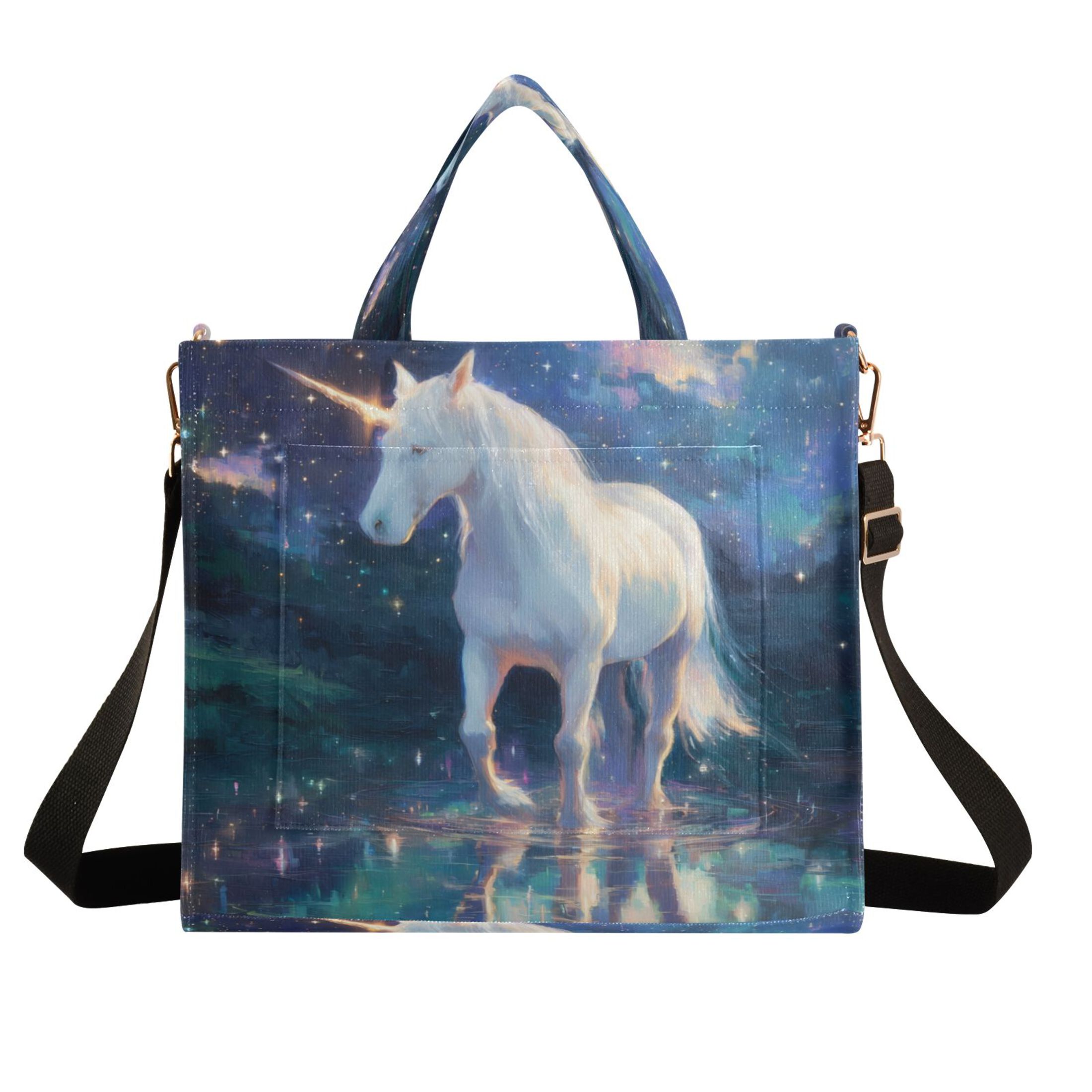 Wobogo White Unicorn Corduroy Tote Bag for Women Travel Crossbody Bag Purse Women Shoulder Bags Work Handbags Daily Commuter Bag 10.2×9inch