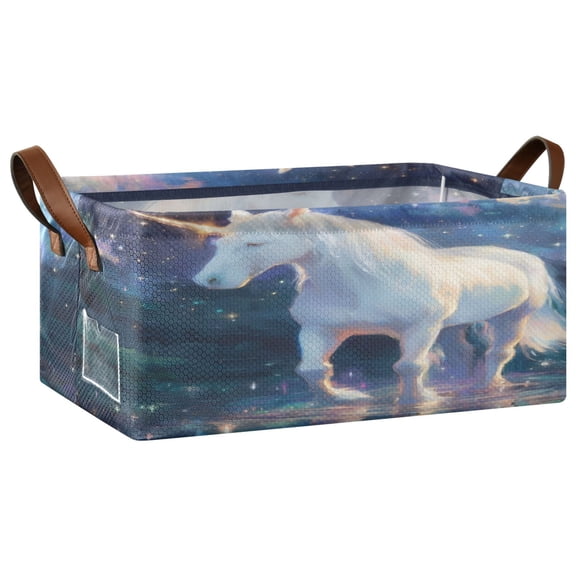 Wobogo White Unicorn Storage Basket Soccer Plaid Fabric Oversized Collapsible Hoard Box with Metal Iron Frame 16.9×11.4×7.7in