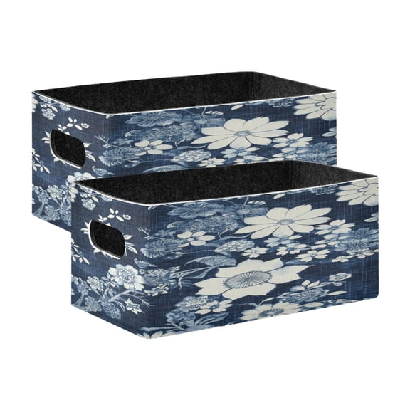 Wobogo White Vintage Flower in Indigo Blue Decorative Folding Storage Basket Set of 2 for Desktop Bedroom Living Room Dressing Table