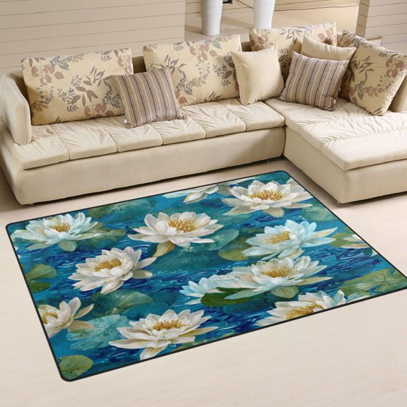 Wobogo White Water Lilies Float Carpet Non-Slip Rugs Soft Doormat 60×39in Living Dining Room Bedroom Decorative