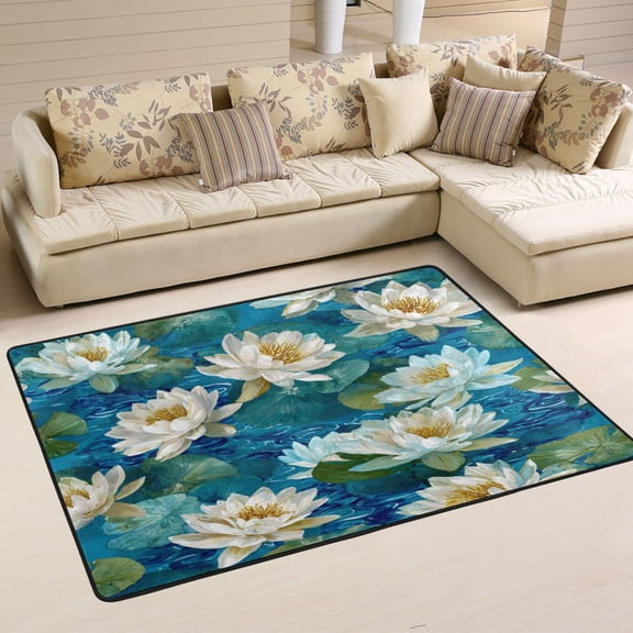 Wobogo White Water Lilies Float Carpet Non-Slip Rugs Soft Doormat 72×48in Living Dining Room Bedroom Decorative