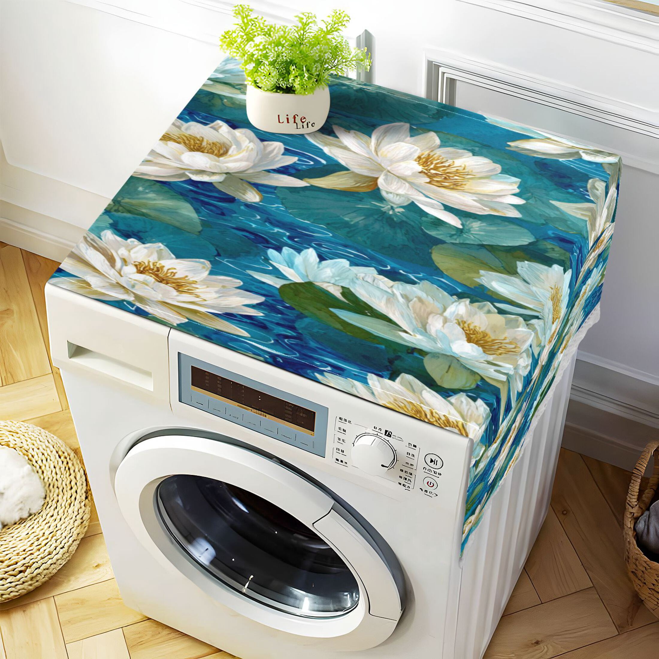 Wobogo White Water Lilies Float Washing Machine Cover Dustproof Washer Dryer Cover Waterproof Laundry Room Decorative Protector